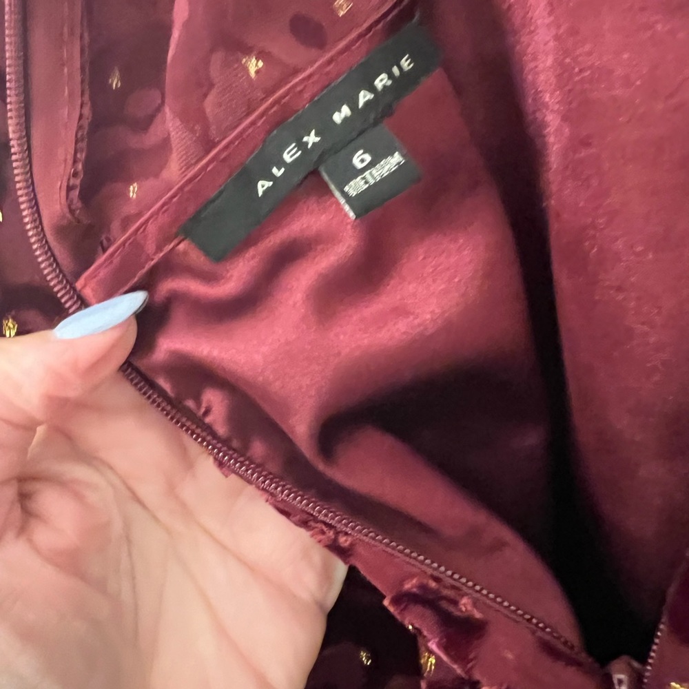 Alex Marie Dress NWT Gabby Burgundy & Gold Burnout Long Sleeves Lined STUNNING! - Picture 7 of 10